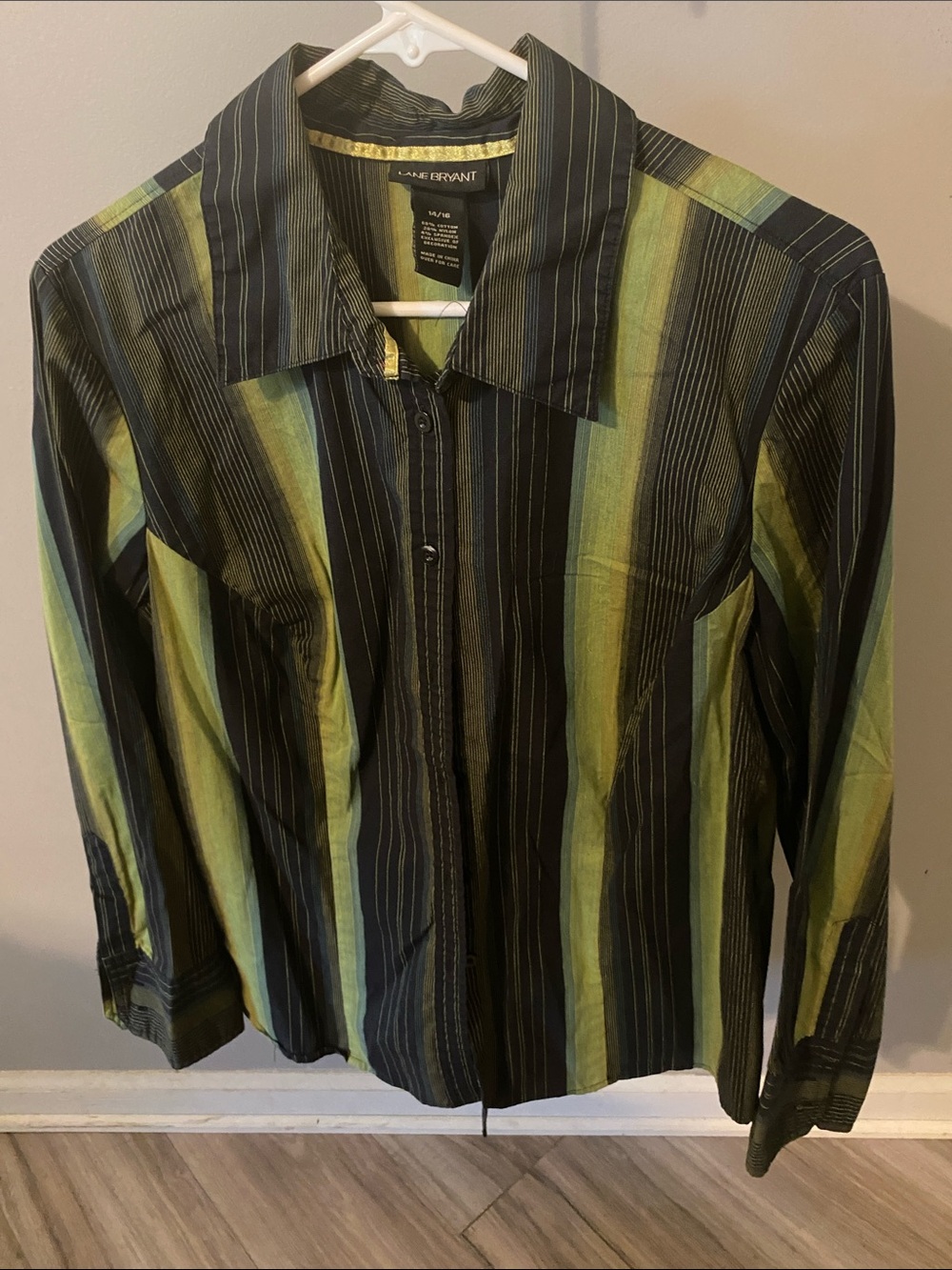 Lane Bryant Black and Green Vertical Stripe Button-Up Blouse